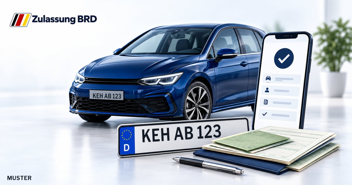 Online Fahrzeugzulassung in Abensberg: Musterkennzeichen KEH AB 123, Auto und Fahrzeugpapiere und Smartphone. Illustration mit Logo von Zulassung BRD.